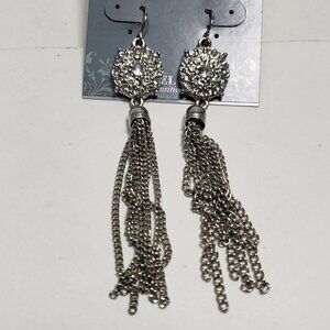 2/$30 Silver tone Circle Crystal Tassel Drop Fringed Earrings - 3.5" - Jewelry